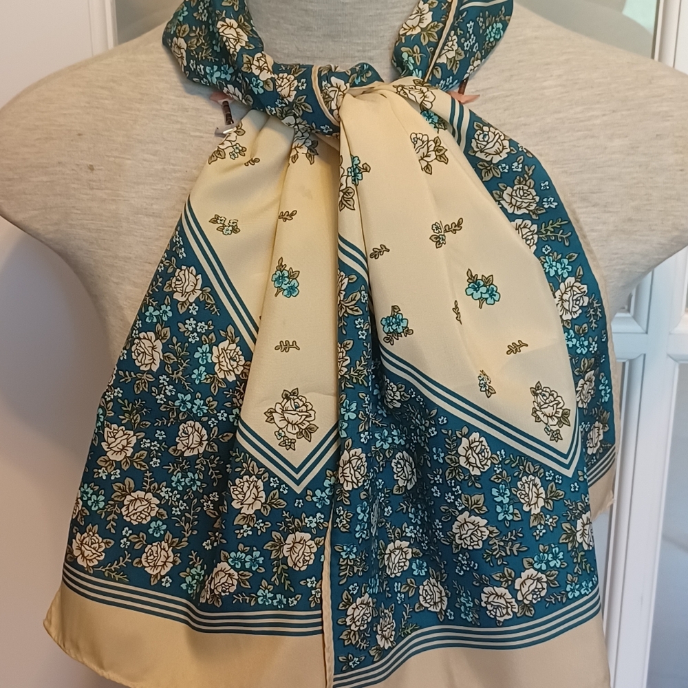 Floral Oblong Scarf - Silky - Blue, White, and Cream, 46"x13"